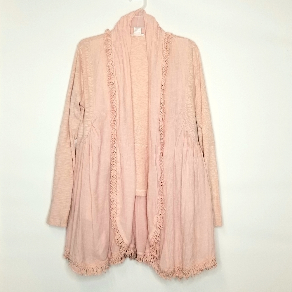 Venus Womens Peach Layered Fringe Hem Waterfall Tassel Open Front Cardigan , M